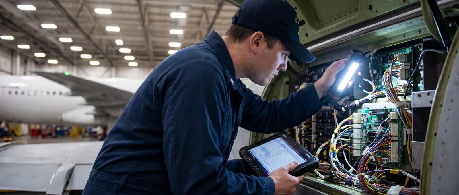 Aerospace technician inspecting aircraft avionics panel with diagnostic tablet in maintenance hangar